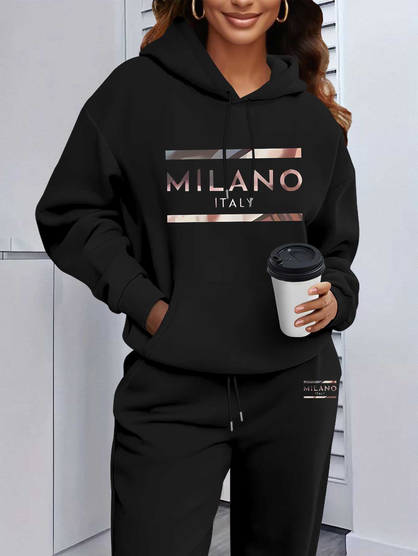 Womens Suit - 2026 Kadın Baskılı Kapüşonlu Sweatshirt Takım,