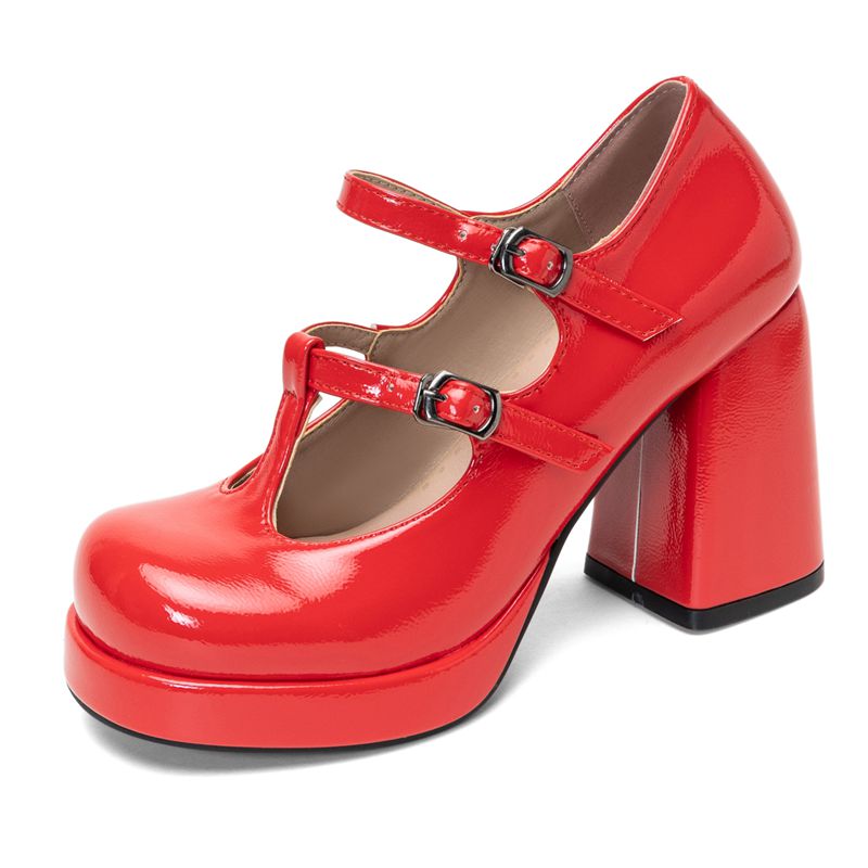 Pump Heel Block - Retro Parlak Kadın Ayakkabısı Yuvarlak Burun