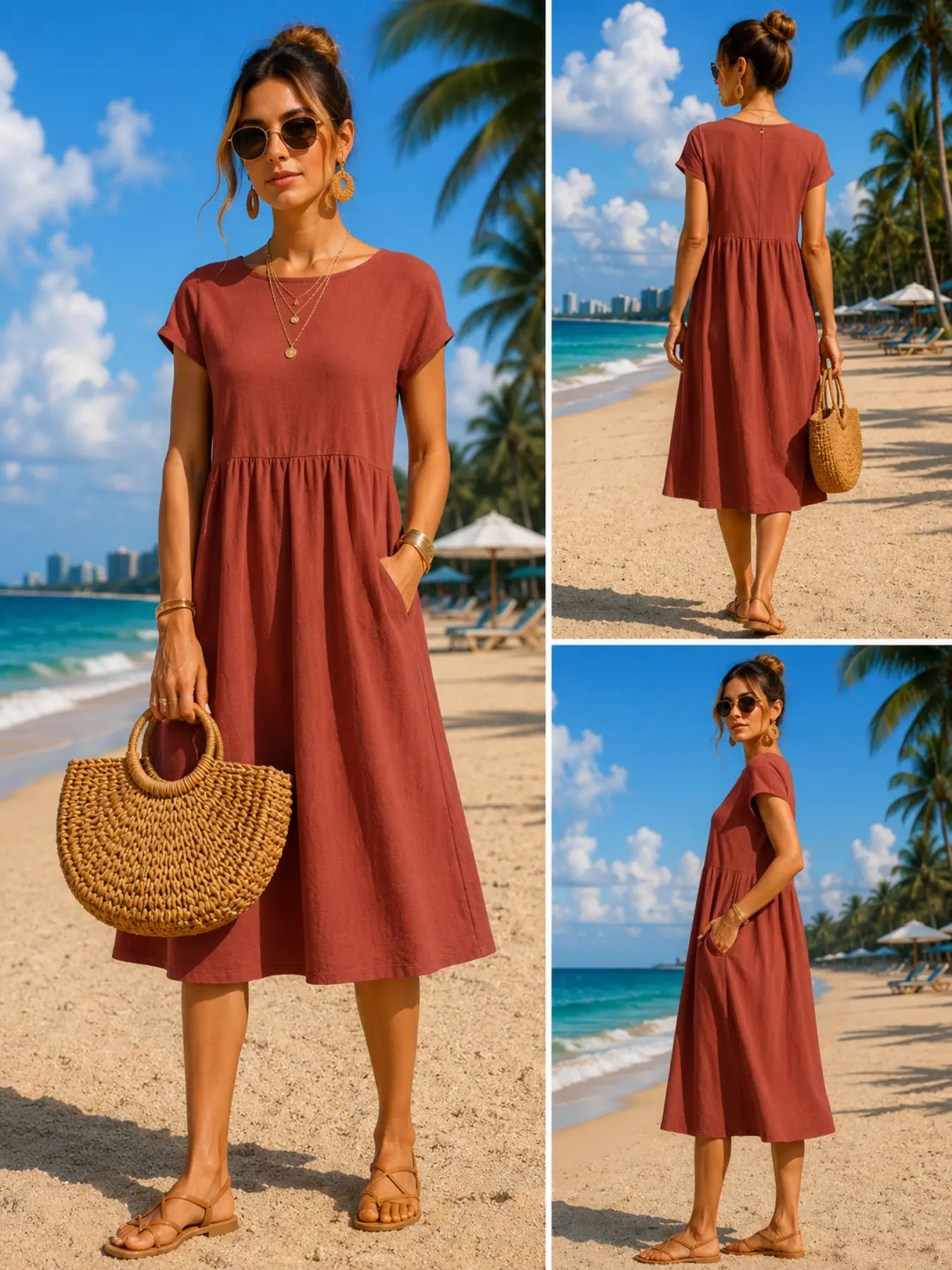 Midi Dress - Cepli, Bol Kesim, Kısa Kollu, Yuvarlak